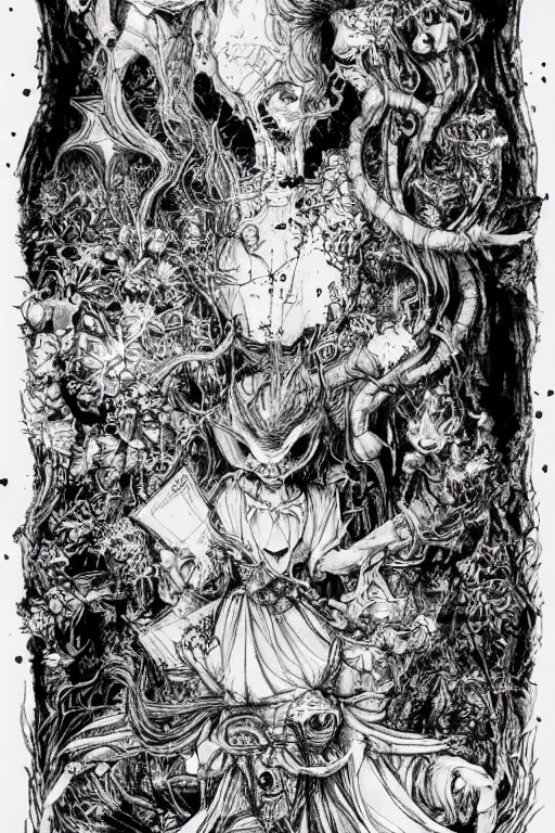 Image similar to Horror Alice in wonderland tarot card , pen and ink, intricate line drawings, by Yoshitaka Amano, Ruan Jia, Kentaro Miura, Artgerm, watercolor