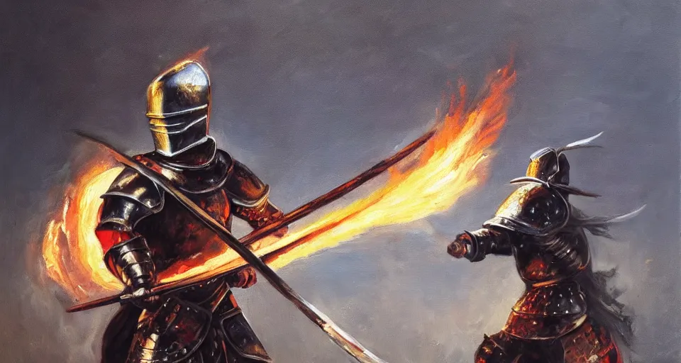 Image similar to An oil painting of a knight in dark metal armor wielding a flaming sword