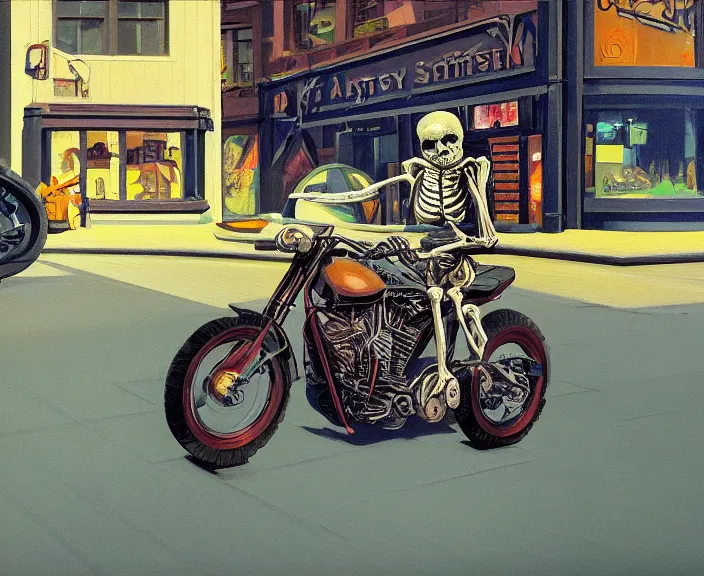 Image similar to a very detailed painting of a skeleton wearing a suit, riding a motorbike down a street, harley davidson motorbike, worm's - eye view, very fine brush strokes, very aesthetic, very futuristic, in the style of edward hopper and grant wood and syd mead, 4 k,