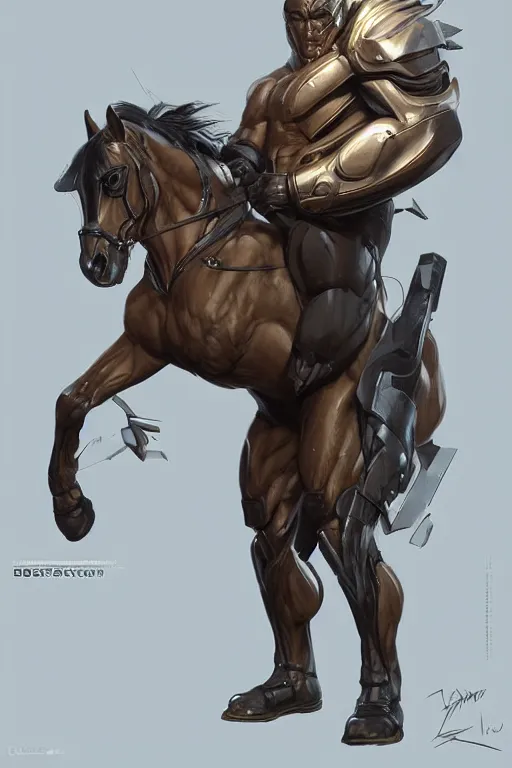 Image similar to splash art of an exaggeratedly muscular anthro horse character, wearing a tactical bodysuit, kevlar fabric, full body, highly detailed, digital painting, artstation, concept art, sharp focus, illustration, art by artgerm and greg rutkowski and alphonse mucha