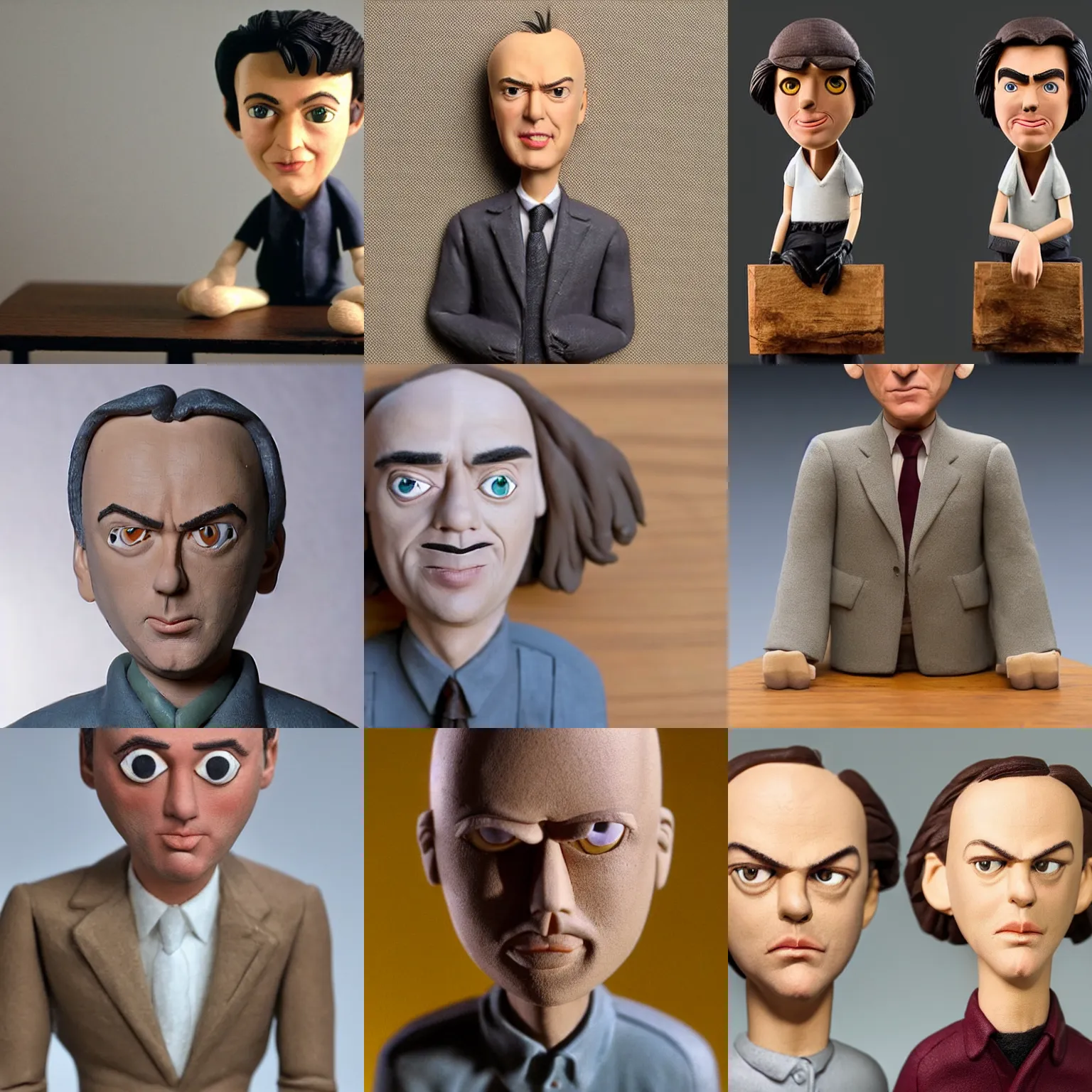 Prompt: 25 years old michael keaton!!! extremely realistic!!! smooth specular clay! extremely close smooth specular sculpted headshot of michael keaton clay puppet , soft light dull mood, low saturation, on wooden table. style: claymation puppet kids clay ,by will vinton ,by guldies