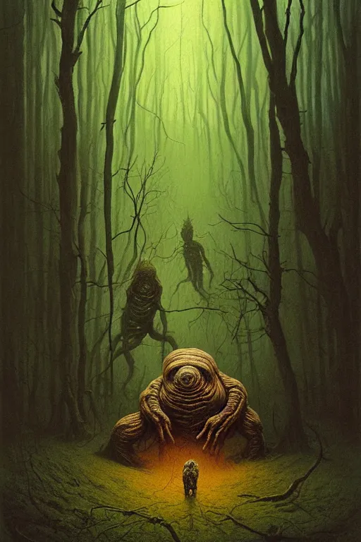 Image similar to painting of eldritch giant tardigrades striking a terrifying pose, scene inside forest, by zdzislaw beksinski, by dariusz zawadzki, by wayne barlowe, gothic, surrealism, cosmic horror, lovecraftian, cold hue's, warm tone gradient background, concept art, beautiful composition