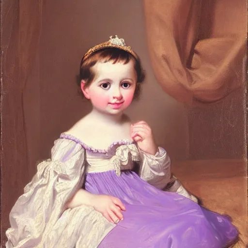 Prompt: portrait of a german toddler princess sitting down in a silk lavender gown, circa 1 8 3 7, by carl joseph begas, highly detailed, beautiful, oil on canvas, 1 8 3 0 s, romanticism