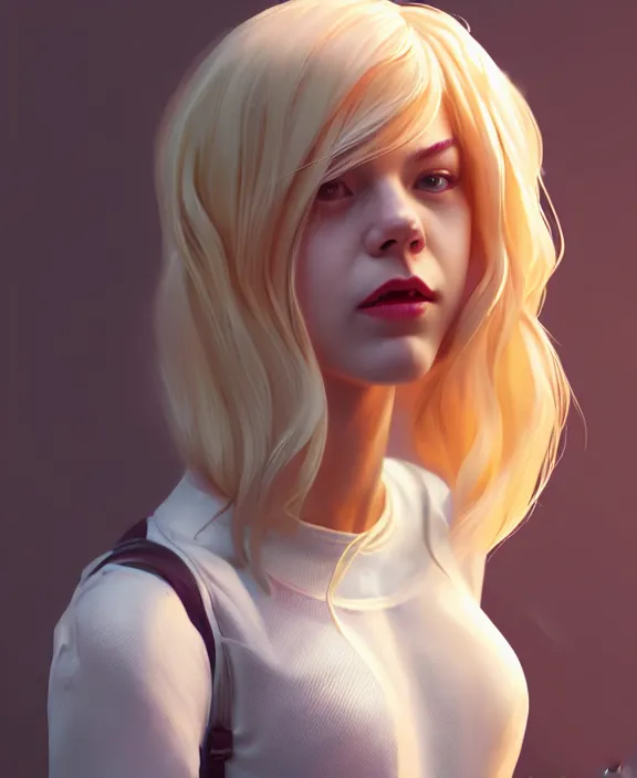 Image similar to gwen stacy female spiderman, pure white, au naturel, hyper detailed, digital art, radiant highlight, trending in artstation, cinematic lighting, studio quality, smooth render, unreal engine 5 rendered, octane rendered, art style by klimt and nixeu and ian sprigger and wlop and krenz cushart.