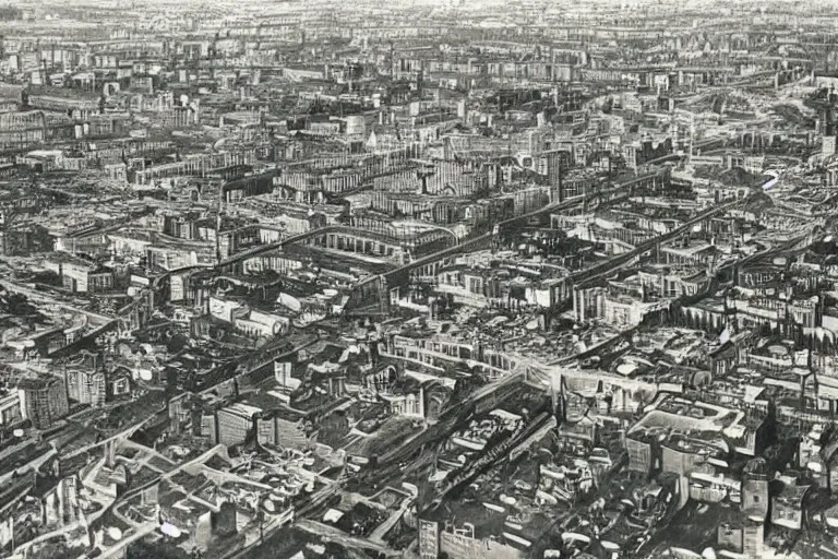 Image similar to bird's eye view photograph of a Soviet city, colorized