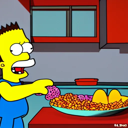Image similar to Bart Simpson as a real boy eating Fruit Loops, 4K, UE5, 3D, high quality textures, award winning