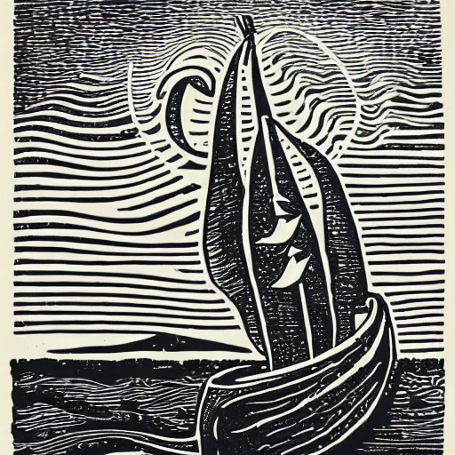 Prompt: linocut illustration of a giant squid attacking an old sailing ship