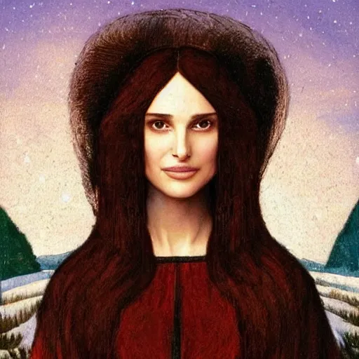 Image similar to natalie portman with indigo hair planting seeds in a winter wonderland, painting by leonardo da vinci