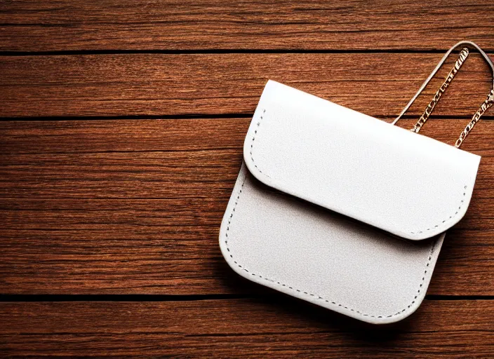 Prompt: clear highly detailed photorealistic topdown mockup product photograph of a realistic purse on a wooden background