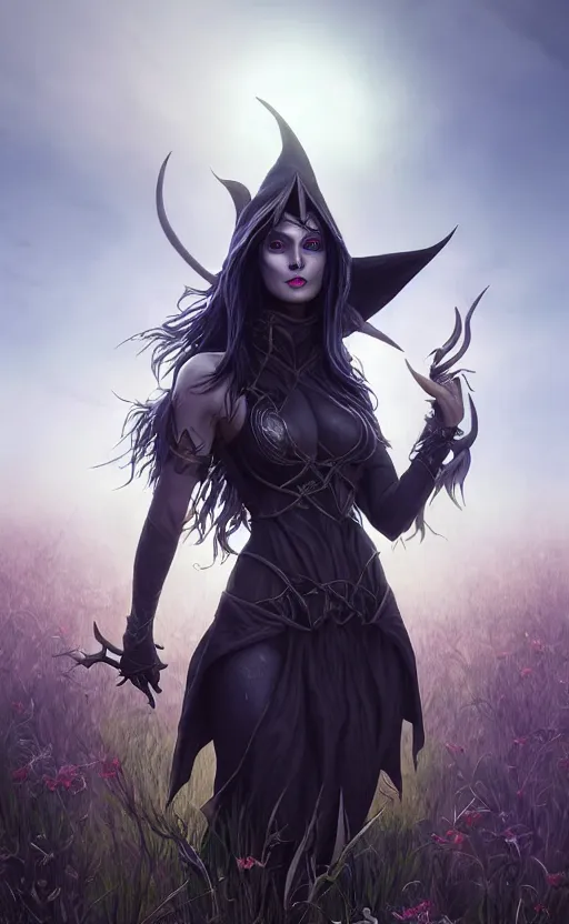 Image similar to medium shot of dark elf witch in field, sunny, highly detailed, d & d, fantasy, highly detailed, digital painting, trending on artstation, concept art, sharp focus, illustration, global illumination, ray tracing, realistic shaded, art by artgerm and greg rutkowski and fuji choko and viktoria gavrilenko and hoang lap