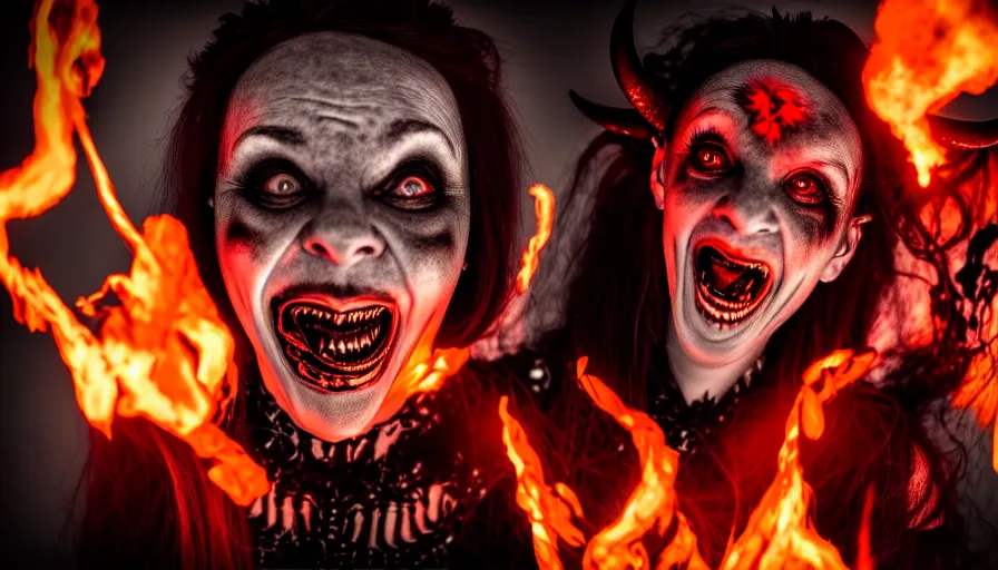 Prompt: portrait of a beatuiful sinister laughing woman with horns made of flames in gothic attire, horror, creepy vibe, looking into the camera, nightmare fuel, studio photography, studio lighting, realistic render, octane render, 4 k, 8 k, face in focus