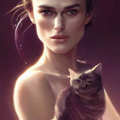 Prompt: Ultra realistic illustration of Keira Knightley and smiling cat, cyberpunk, sci-fi, intricate, elegant, highly detailed, digital painting, artstation, concept art, smooth, sharp focus, illustration, art by artgerm and greg rutkowski and Ivan Shishkin