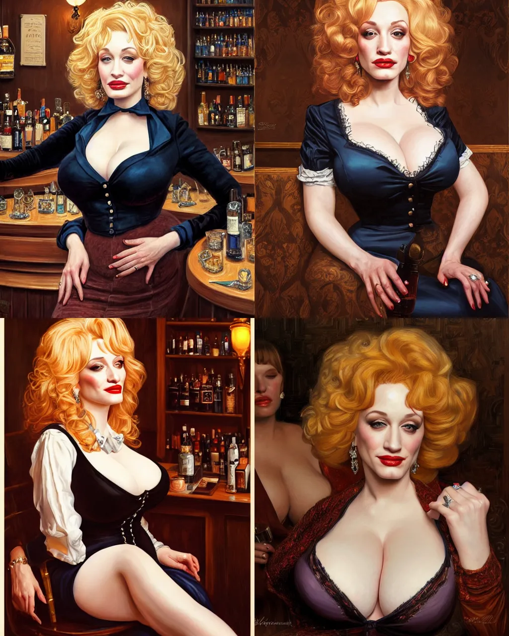 Prompt: sophisticated portrait of Christina Hendricks Dolly Parton Kat Dennings, voluptuous, smoky Berlin bar, elegance, highly detailed, shallow depth of field, Artstation, Artgerm, Donato Giancola and Joseph Christian Leyendecker