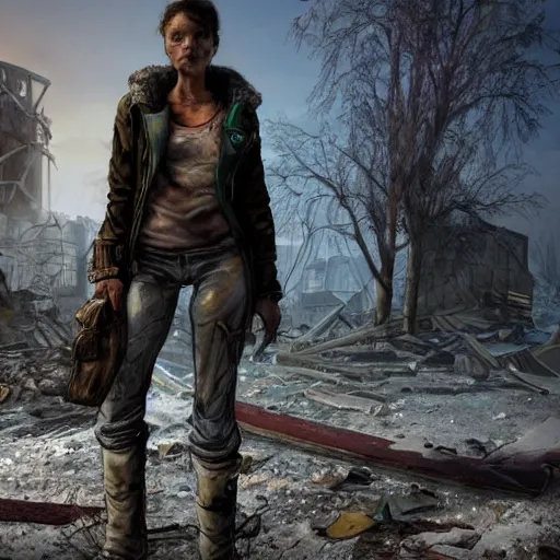 Image similar to postapocalyptic woman staring at a destroyed wasteland