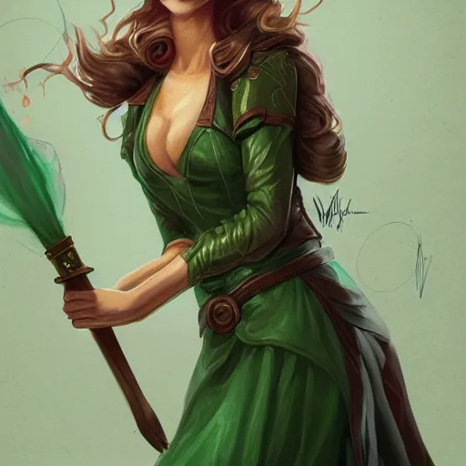 Prompt: a woman in a green dress standing holding a magic staff, a character portrait by Magali Villeneuve, featured on polycount, fantasy art, concept art, d&d, 2d game art