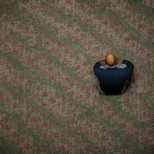 Image similar to A lonely man sits on his bed in an empty room, birds-eye view, sad, depressing, isolating