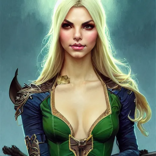 Image similar to Victoria Justice with fair skin, blonde hair and green eyes as Bat Girl, western, D&D, fantasy, intricate, elegant, highly detailed, digital painting, artstation, concept art, matte, sharp focus, illustration, art by Artgerm and Greg Rutkowski and Alphonse Mucha