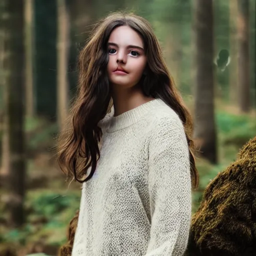 Image similar to real life photo of a beautiful girl, full body photoshoot, long brown hair, brown eyes, full round face, short smile, wool sweater, forest setting, cinematic lightning, medium shot, mid - shot, highly detailed, trending on artstation, unreal engine 4 k, 8 0 mm, 8 5 mm, cinematic wallpaper