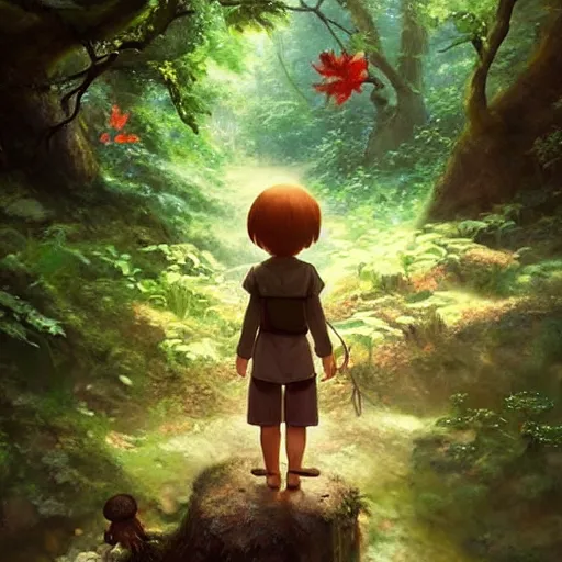 Prompt: a tiny mushroom person with a mushroom for a head walking by a stream in a lush forest. cgsociety masterpiece, artstation trending, by rossdraws, ghibli, Kimi no Na wa, greg rutkowski