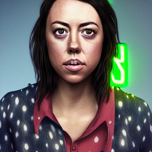 Image similar to aubrey plaza, cartoon portrait made out of rain, realistic, highly detailed, neon, rendered in octane, unreal engine, rain, beautiful, trending on artstation, emotional