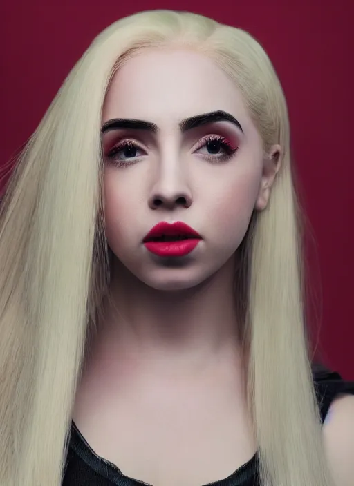 Image similar to ava max bright red hair photographed by charlotte rutherford, canon, highly realistic. high resolution. highly detailed. dramatic. 8 k. 4 k.