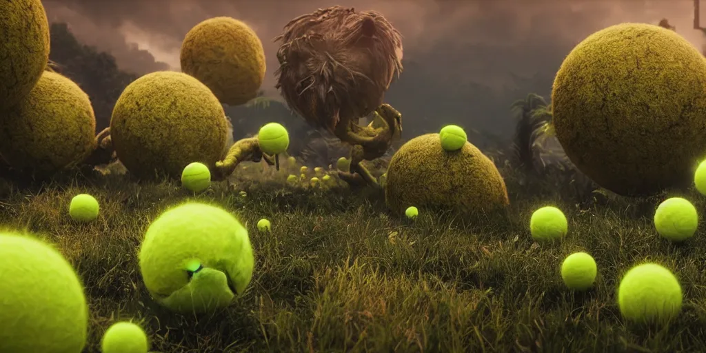 Image similar to a cinematic poster photo of 8 k ultra realistic tennis ball monsters, exotic, cinematic lighting, trending on artstation, 4 k, hyperrealistic, focused, high details, unreal engine 5, cinematic, alien planet atmosphere in background, 3 d render