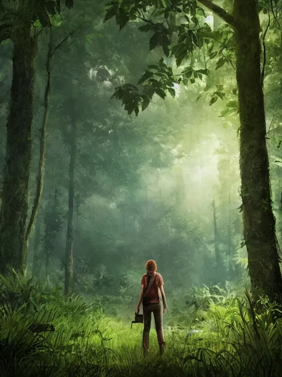 Image similar to Ellie in a lush forest (Last of Us), dali, magritte, Ethereal, artstation, 8k