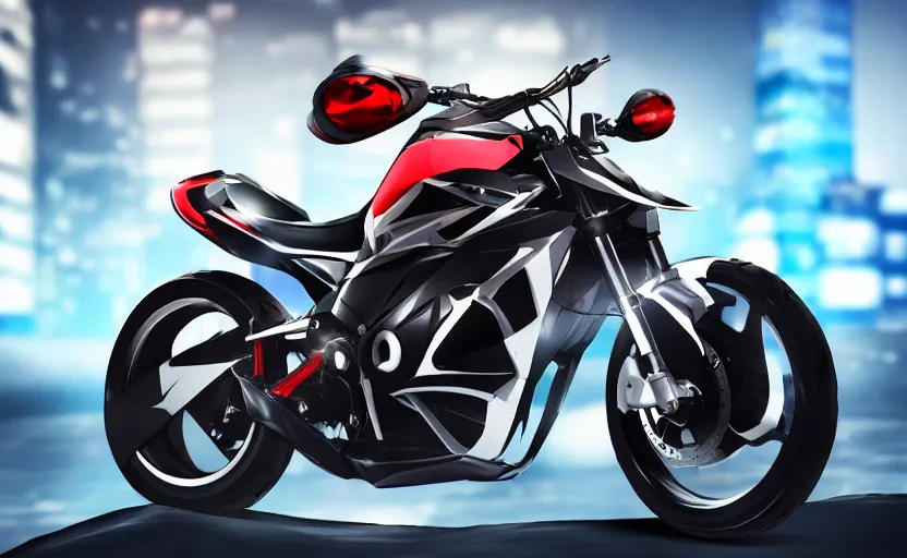 Prompt: prototype, futuristic touring motorbike, wipeout fusion style, show room in background, symmetrical mechanical features, slick tires, designed by professional, smooth curvatures, brushed red and blue paint, hard surfaces modelling, dramatic lighting, hyper realistic rendering, depth of field, bokeh effect, 4 k