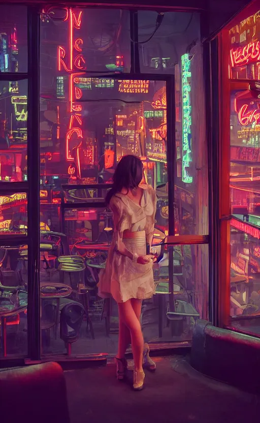 Image similar to vertical movie frame portrait of girl in 5 0's retro restaurant interior, neon - decorated urban on night in the city seen through the window, modern interior design, architectural design, vintage, night blade runner, dark, postapocalyptic, clean lines, 4 k, octane, asian futuristic city at distance, big windows, octane, wide angle