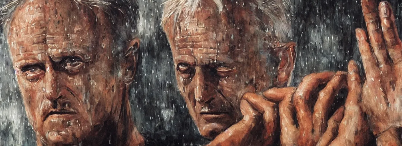 Prompt: a painting that asks the viewer to question the very purpose of life when all memories will be lost in time like tears in the rain, the replicant roy batty is capable of showing more empathy than his human creators, in the style of blade runner, ridley scott