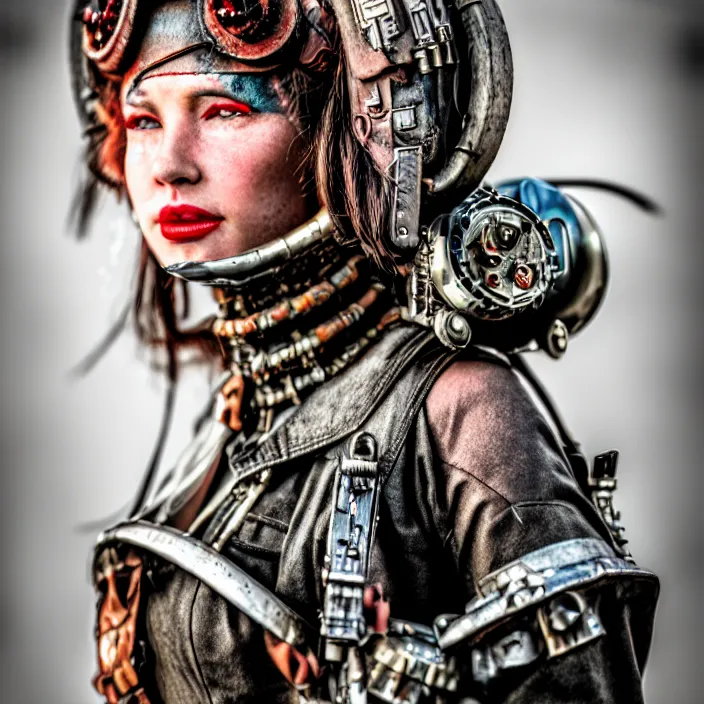 Image similar to photograph of a real - life very beautiful atompunk warrior. extremely detailed. dslr. 8 5 mm.