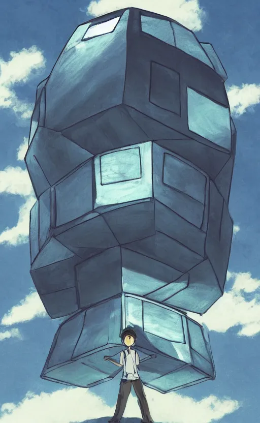 Image similar to an asymmetrical cell - shaded studio ghibli concept art study of a huge silver cube ufo in the sky. an elegant alien is on the ground. very dull colors,, hd, 4 k, hq