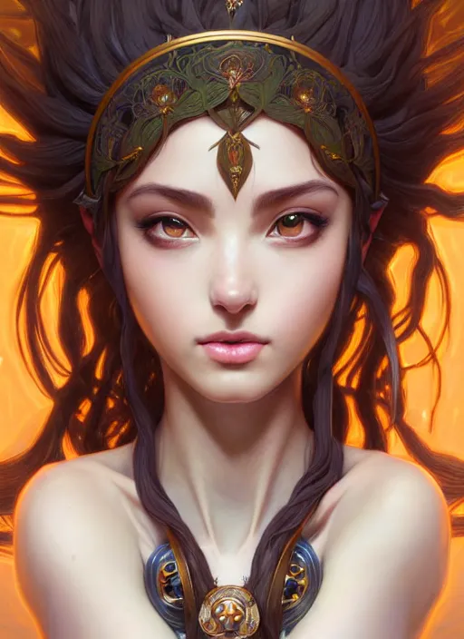 Image similar to portrait from left, head and body only, palutena, piercing eyes, concept art, digital illustration, by rossdraws, frank franzzeta, intricate, masterpiece, elegant, hyper detailed, artstation, unreal engine rendered, concept art, smooth, sharp focus, illustration, art by artgerm and greg rutkowski and alphonse mucha and garis edelweiss