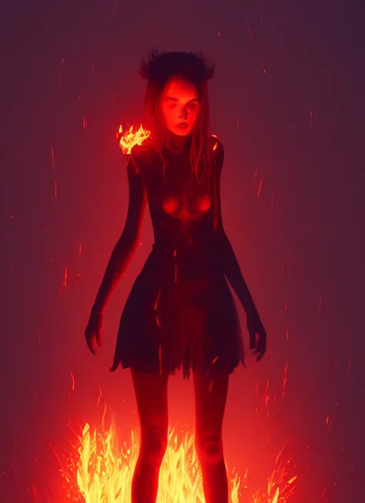 Prompt: satan daughter, wearing, outfit, clothes, full body, fire, hell, lightning, background, pyromancer, intricate, elegant, highly detailed, digital painting, artstation, concept art, smooth, sharp focus, illustration, ethereal, misty, by ilya kuvshinov and jeremy mann, 8 k, octane render