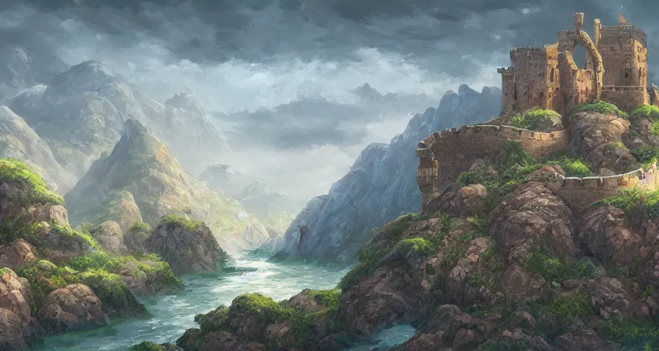 Prompt: A magnificent castle on the stretches of a vast land, fancy crenellations and sturdy reinforced walls looking, rivers and ocean, high mountains, painted in the style of concept artist Michael Kus, 4k