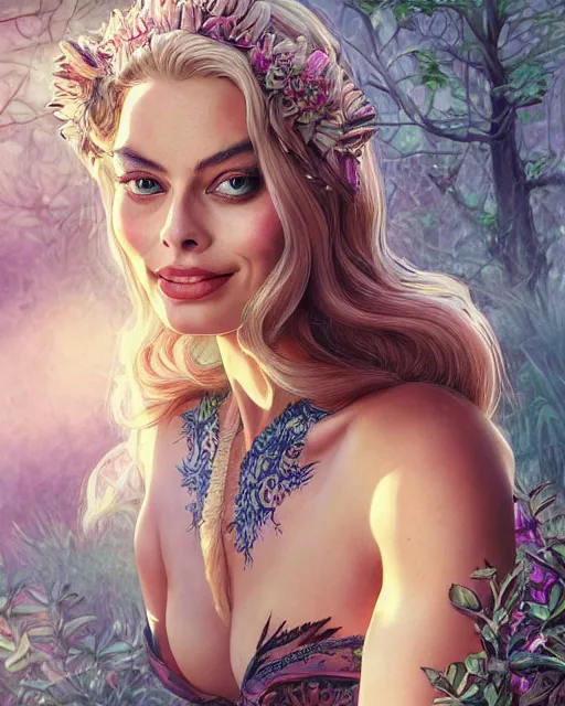 Prompt: Margot robbie as a beautiful tattooed female maid wearing a magical bikini in a magical forest, highly detailed and realistic face, beautiful detailed eyes with a piercing gaze, fantasy art, in the style of artgerm, illustration, epic, fantasy, intricate, hyper detailed, artstation, concept art, smooth, sharp focus, ray tracing, vibrant, photorealistic