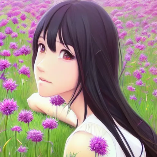 Prompt: a beautiful girl with long dark hair, sitting in a field of flowers, sunny, daytime, sharp focus, intricate, digital painting, artstation, official media, anime key visual, highly detailed, rich vivid colors, ambient lighting, illustration, art by Artgerm, Makoto Shinkai, Miyazaki Hayao, Ilya Kuvshinov, Lois Van Baarle, and Rossdraws