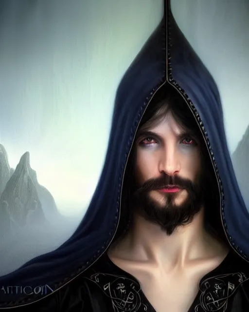Prompt: mystical male mage face portrait, long black hair blue eyes wearing leather mantle gothic navy cloak with leather details, cliffside town, fantasy character portrait, ultrarealistic, intricate details, elegant, cinematic lighting, highly detailed, artstation, d & d art, cgsociety, sharp focus, beautiful digital painting by artgerm, gerald brom, wlop, alphonse mucha