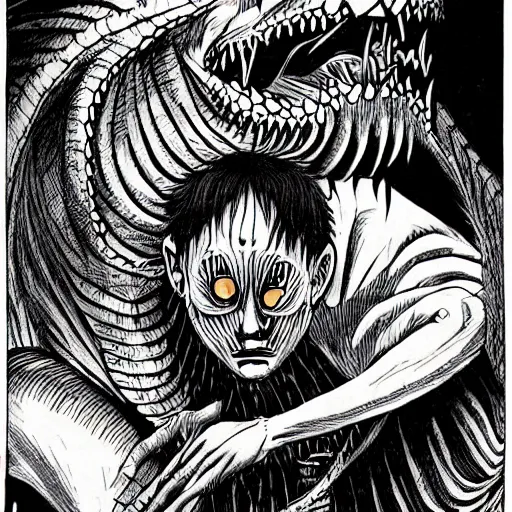 Prompt: dragon man, Junji Ito, creepy, horrifying, gruesome