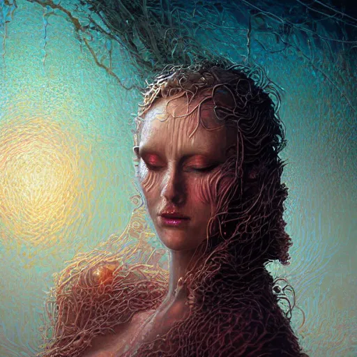 Image similar to a beufitul pale women goddess sweaty skin simetrical face james eads casper david friedrich raphael lacoste vladimir kush tim white leis royo michael whelan bruce pennington volumetric light effect broad light oil painting biopunkdigital painting cyberpunk fantasy art style industrial art sci - fi art style realism post - apocalyptic renaissance steampunkspace artwork unreal engine