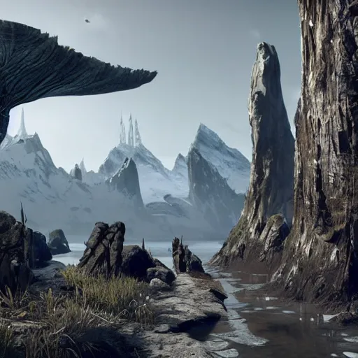 Image similar to hyperrealistic mixed media image of skyrim no mans sky, stunning 3 d render inspired art by greg rutkowski and xiang duan and thomas eakes, perfect facial symmetry, flesh texture, realistic, highly detailed attributes and atmosphere, dim volumetric cinematic lighting, 8 k octane detailed render, post - processing, masterpiece,