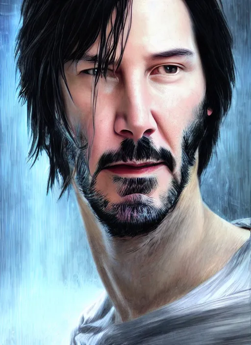 Image similar to Portrait of Keanu Reeves, silver long hair, male, cyberpunk, extremely detailed, digital painting, artstation, concept art, smooth, sharp focus, illustration, stunning lighting, art by artgerm and greg rutkowski and alphonse mucha and simon stalenhag, realistic character concept, light atmosphere, golden ratio, cinematic lighting, hyperdetailed, high resolution, insanely detailed and intricate, artstation, Marc Simonetti, Greg Rutkowski, 8k