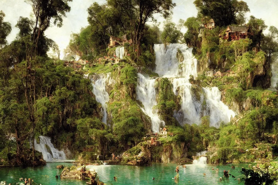 Image similar to a small village by a lake, waterfalls, cascades, very detailed, by john berkey, albert bierstadt, ruan jia, lawrence alma tadema, zdzislaw beksinski, carl spitzweg, everett raymond kinstler, norman rockwell, jack kirby, tom lovell, greg staples