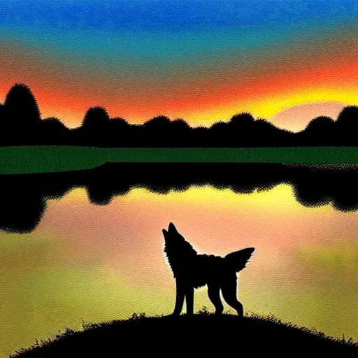 Image similar to view from behind of wolf pup sitting on the shore of a pond, looking out at a sunset, digital art, award winning stunning illustration