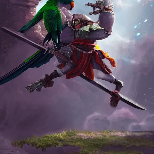 Image similar to Giant green Quaker parrot fights with medieval knight with sword. Enchained, restrained. Bloom, volumetric lighting. Fantasy, digital painting, HD, 4k, detailed.