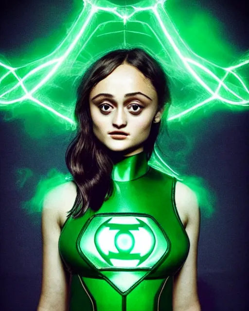 Prompt: photos of beautiful actress Ella Purnell dressed as the Green Lantern Soranik Natu, Photogenic, purple skin, short black pixie like hair, particle effects, photography, studio lighting, in the style of Annie Leibovitz