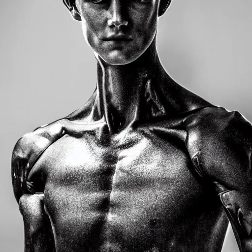 Image similar to a realistic detailed photo of a guy who is an attractive humanoid who is half robot and half humanoid, who is a male android, soccer player martin ødegaard, shiny skin, posing like a statue, blank stare, in a living room, on display, showing off his muscles