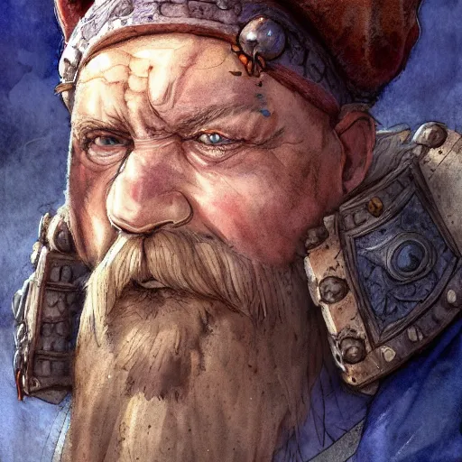 Prompt: dwarf shaman man, in love, happy, wearing blue and brown medieval robe, WLOP, artgerm, Jason Chan, Charlie Bowater, Sergey Kolesov, medieval, fantasy d&d, watercolor on paper, hyper detail portrait, closeup on face, dark pastel castle background