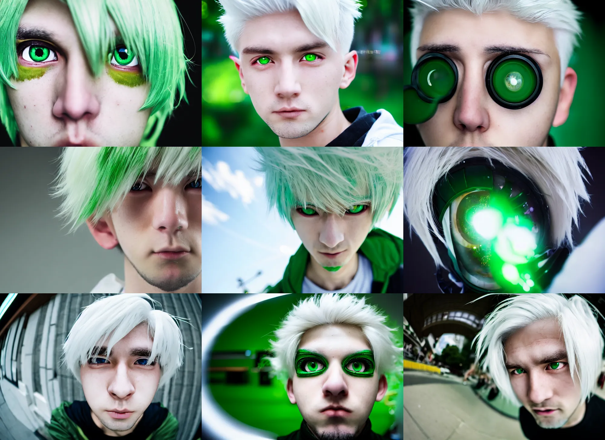 Prompt: white - haired young guy with green eyes, anime, genshin impact, very close shot, fisheye, high barrel distortion