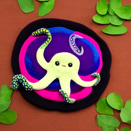 Image similar to a cute octopus in a colorful ornate felt mandala with fine details